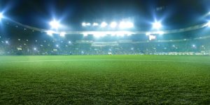 Football stadium, shiny lights, view from field